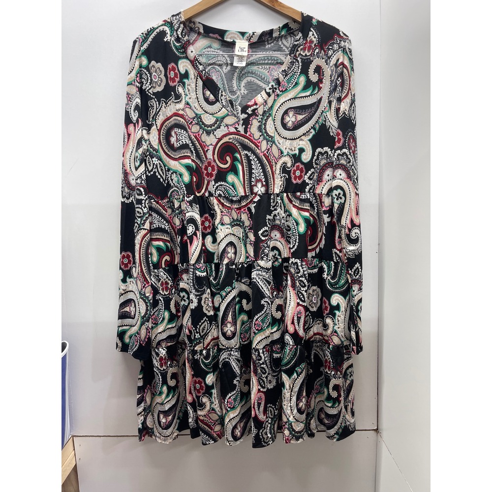 Sew In Love Paisley Tiered Babydoll Dress V-Neck Long Sleeve Black 2X ED18-960BX